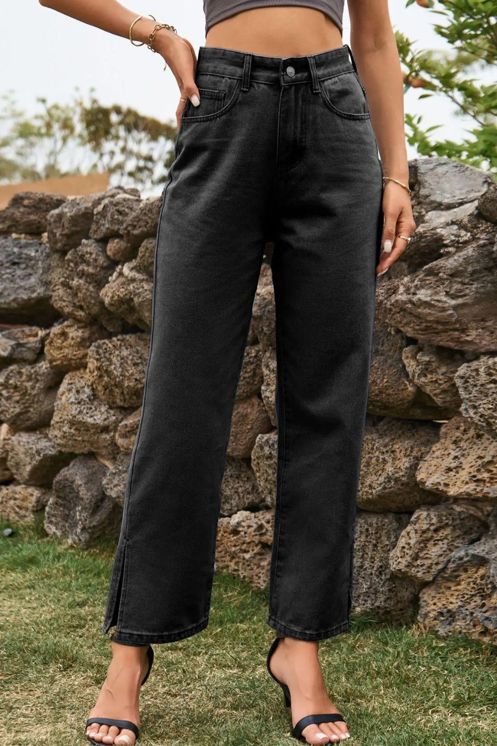 High Waist Loose Fit Ankle Slit Denim Jeans