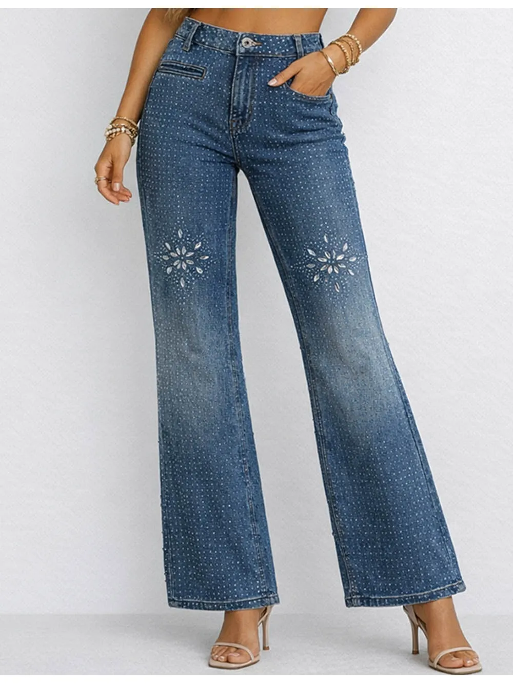 Chic Rhinestone Sparkle Button Wide Leg Denim Pants