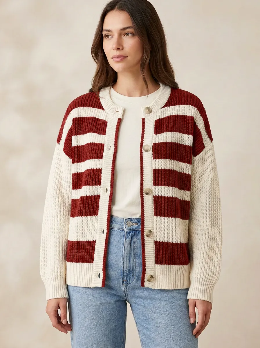 Classic Button Front Distinctive Rugby Striped Knit Cardigan