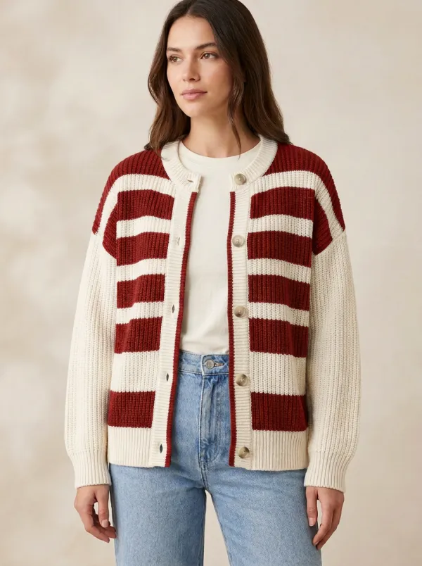 Classic Button Front Distinctive Rugby Striped Knit Cardigan