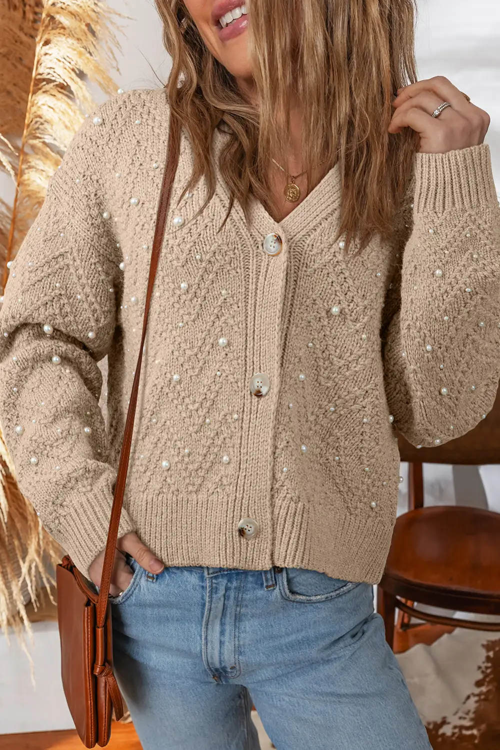 Pearl Embellished Button Front V Neck Cardigan