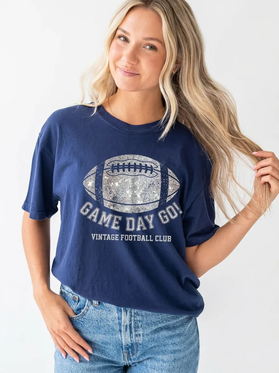 Women's Football Lover Game Day Glitter Printed T-shirt