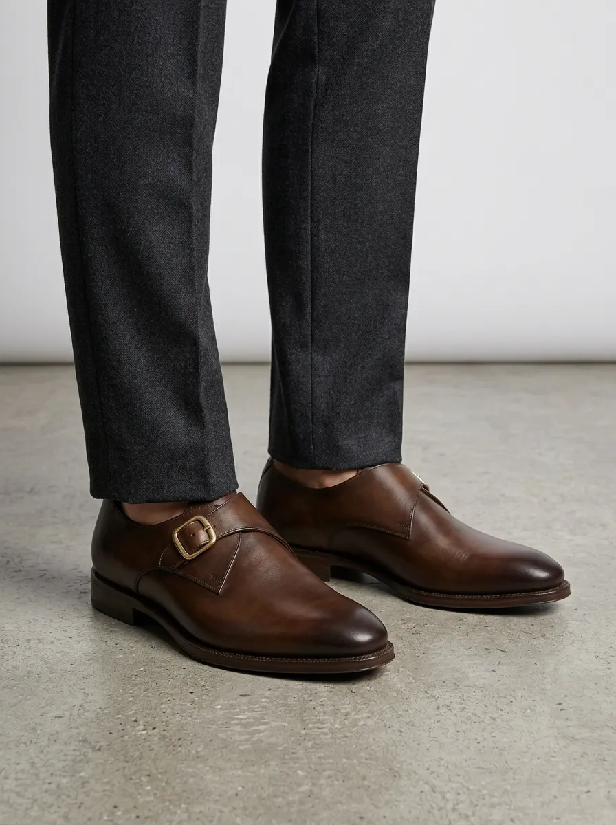 Men's Streamlined Classic Leather Single Monk Strap Dress Shoes