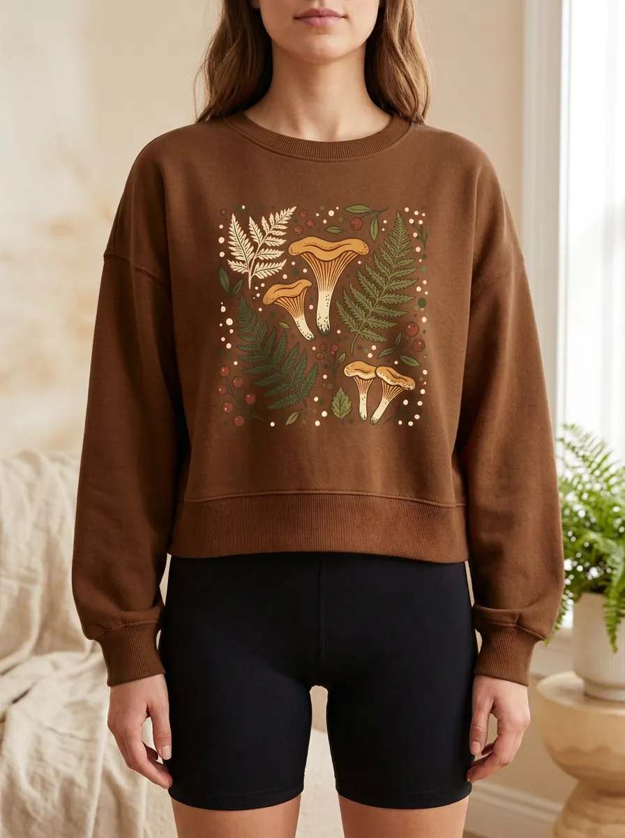 Layered Printed Mushroom Fern Graphic Sweatshirt