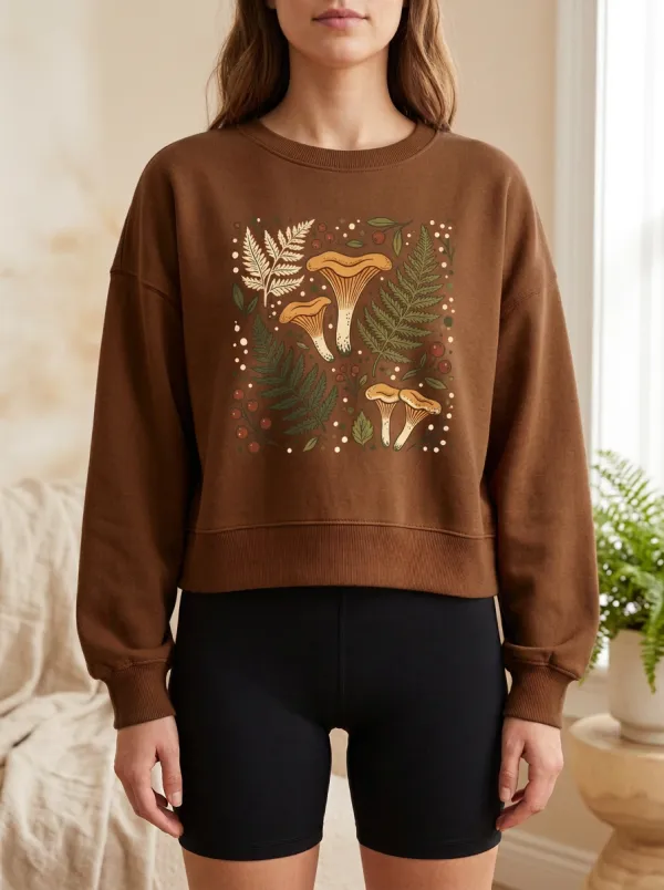 Layered Printed Mushroom Fern Graphic Sweatshirt