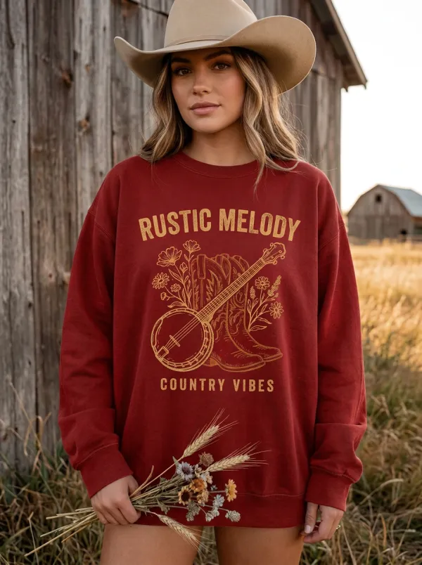 Country Music Banjo Cowboy Boot Floral Crew Neck Sweatshirt