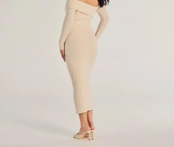 Off-The-Shoulder Asymmetrical Long-Sleeve Midi Dress