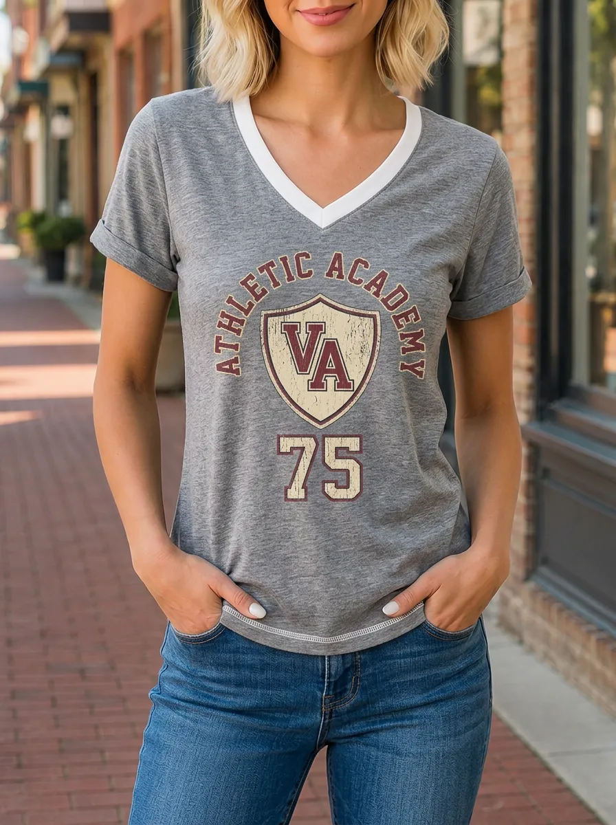 Women's Athletic Academy VA 75 Shield Printed V-Neck T-Shirt