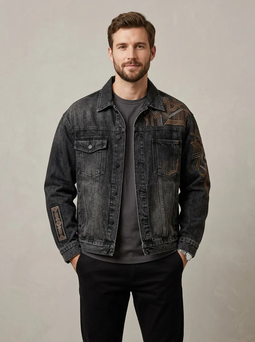 Men's Textured Tribal Geometric Denim Jacket