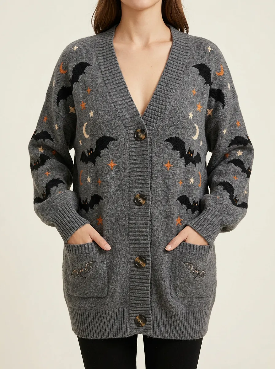 Women's Halloween Gothic Bat Moon Star Patterned Knitted Cardigan