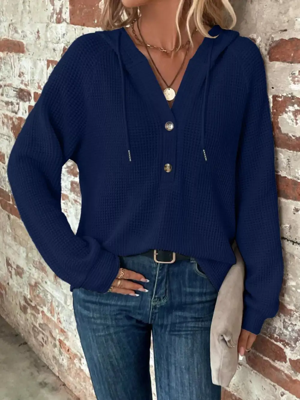 Drawstring Buttoned Pocketed Waffle-Textured Hoodie