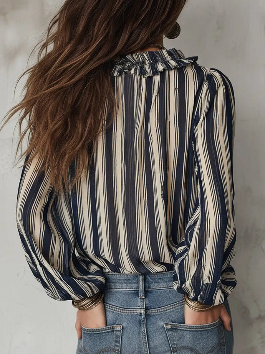 Bohemian Striped Chiffon Blouse With Ruffles