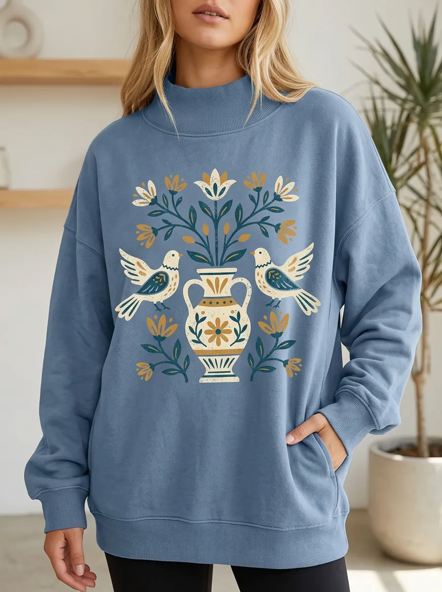 Women's Folk Art Bird Vase Floral Printed Sweatshirt