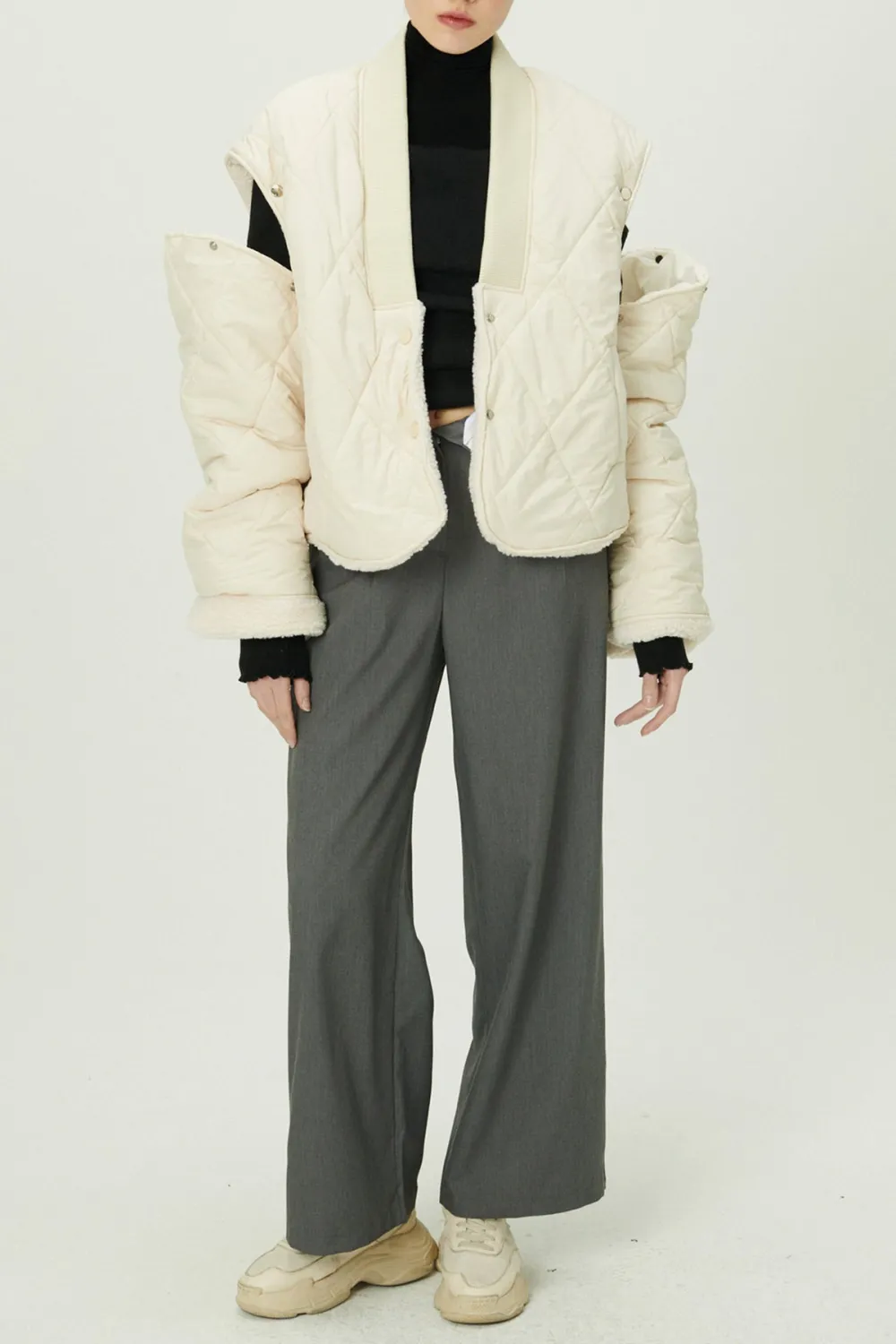 Quilted Sherpa Coat W/Detachable Sleeve