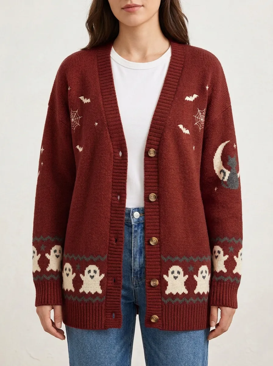 Women's Halloween Ghost Cat Bat Pattern Knitted Cardigan