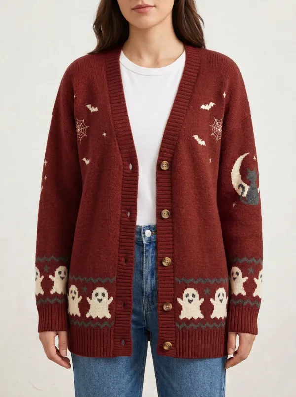Women's Halloween Ghost Cat Bat Pattern Knitted Cardigan