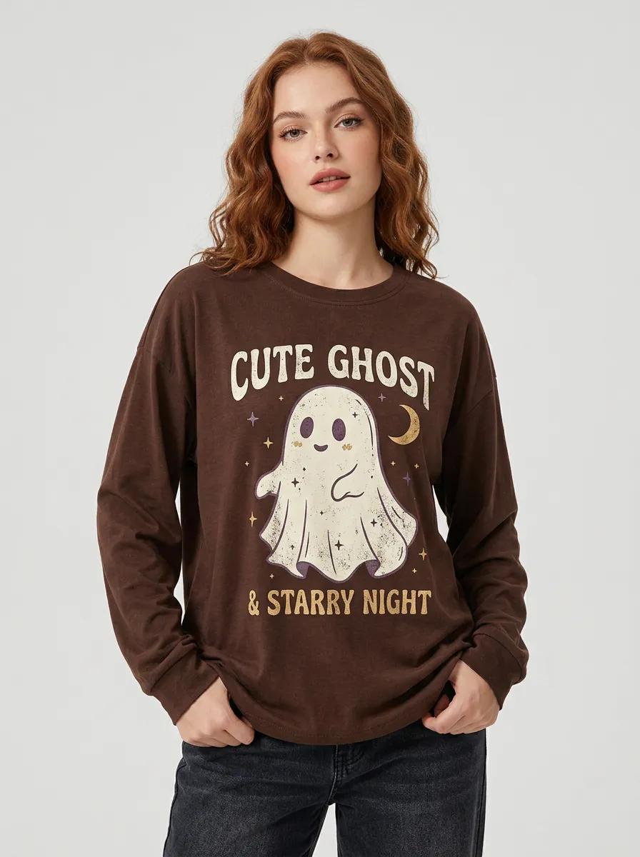 Women's Halloween Cute Ghost Starry Night Printed Long Sleeve T-shirt