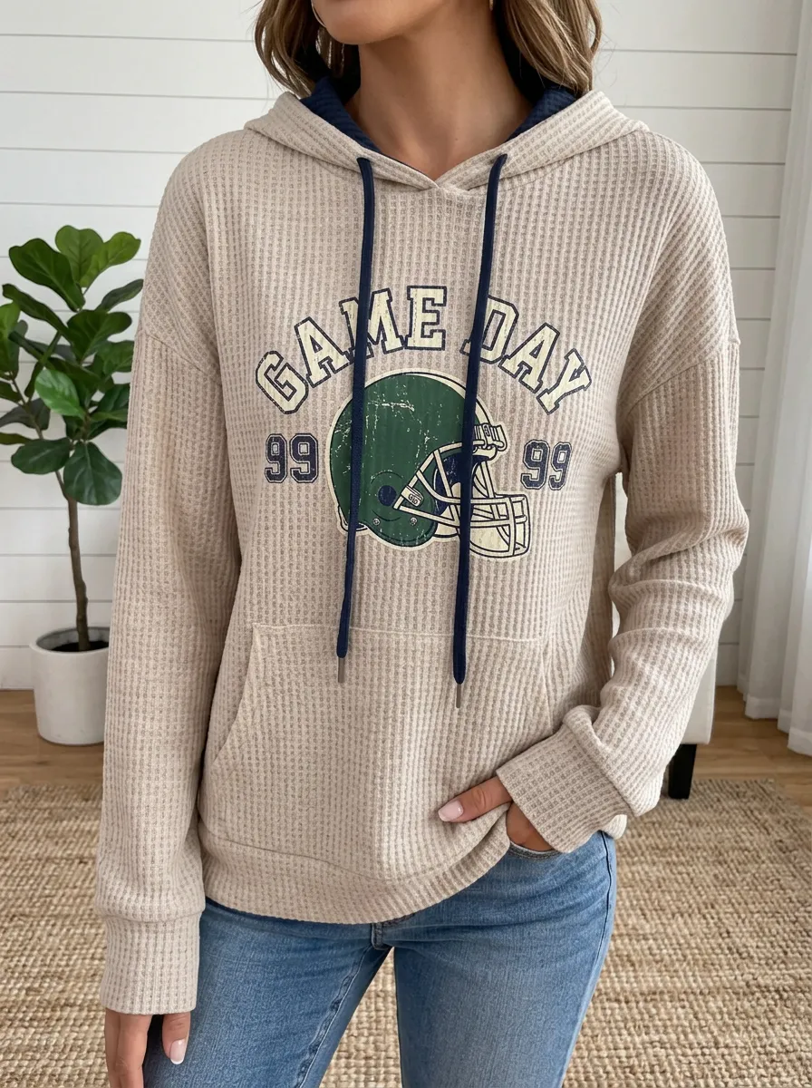 Women's Rivalry Football Game Day Helmet Printed Waffle Knit Hoodie