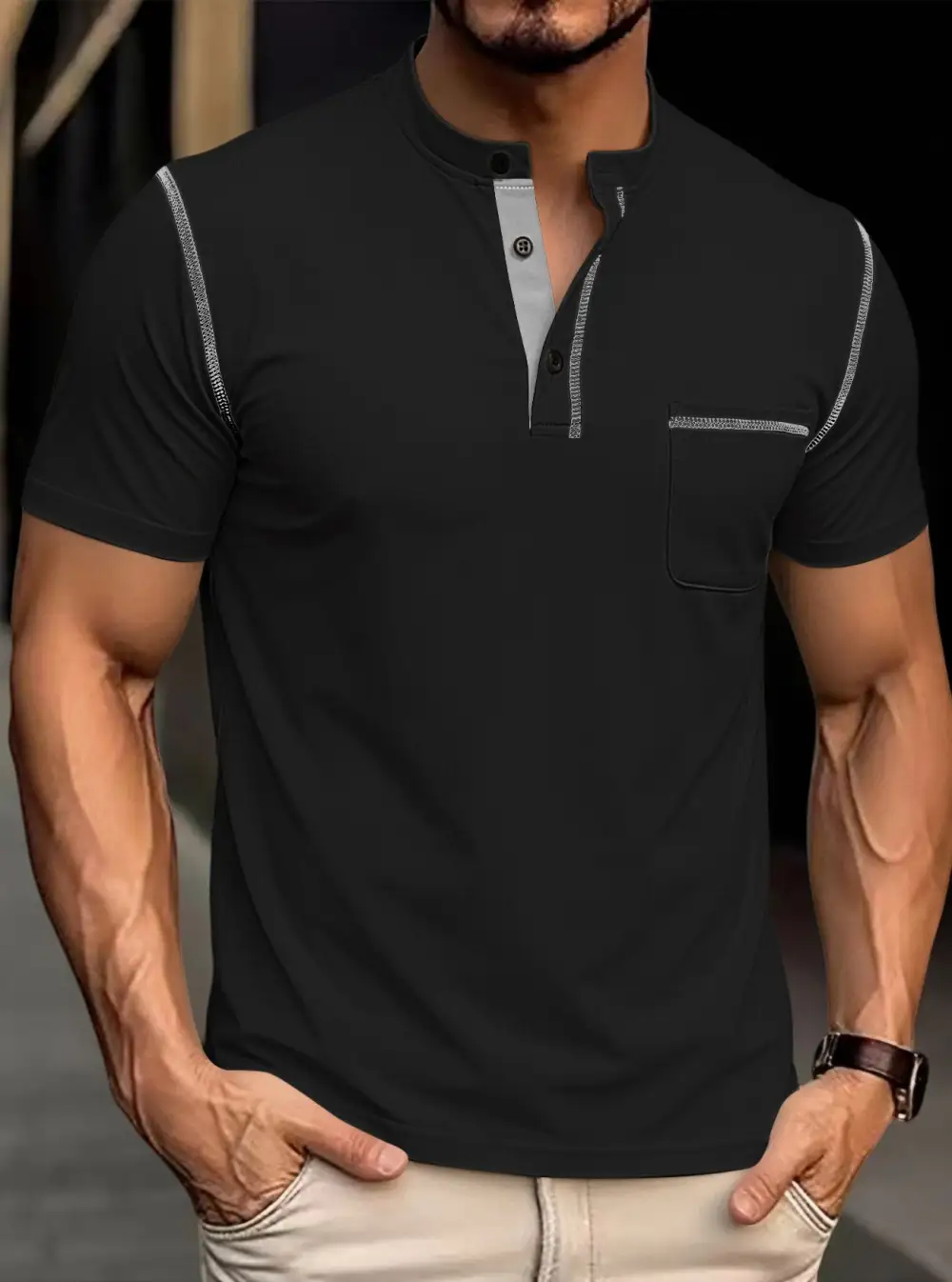 Men's Modern Short-Sleeve Henley With Stand Collar Contrast Stitching And Patch Chest Pocket
