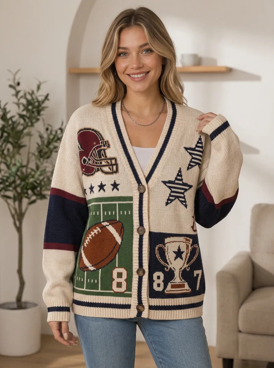 Women's Contemporary Helmet Football Trophy Knitted Cardigan
