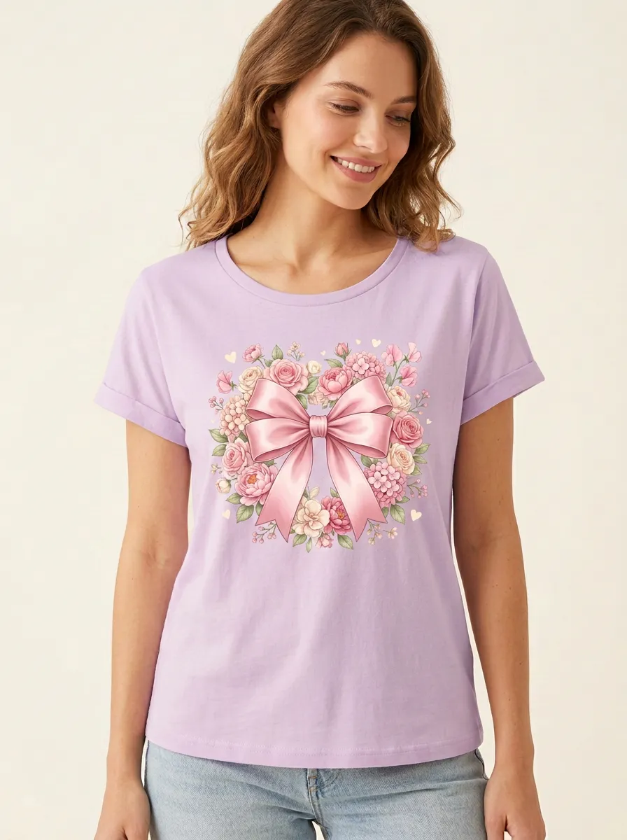 Women's Breast Cancer Awareness Pink Bow Floral Printed T-shirt