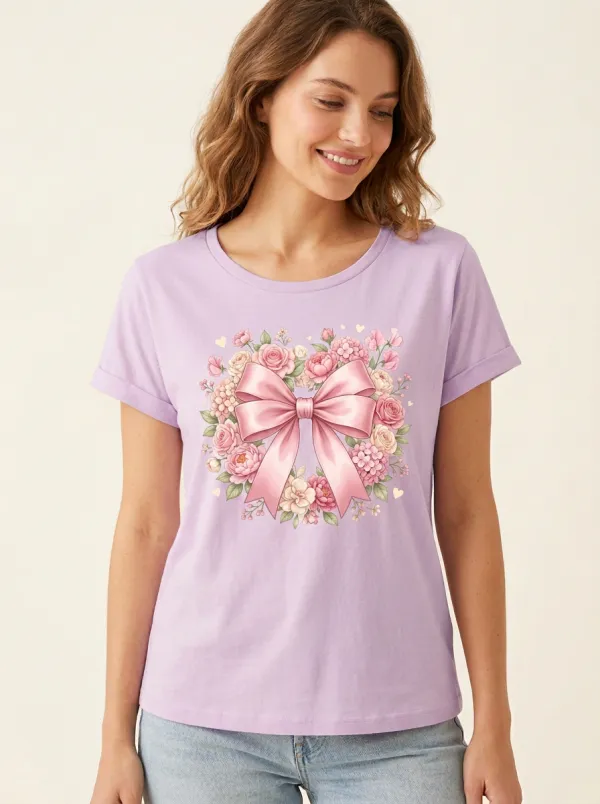 Women's Breast Cancer Awareness Pink Bow Floral Printed T-shirt