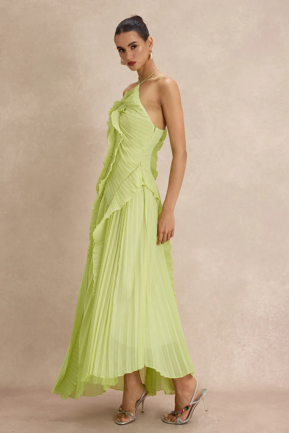 Pleated Frill Halter Neck Midi Dress