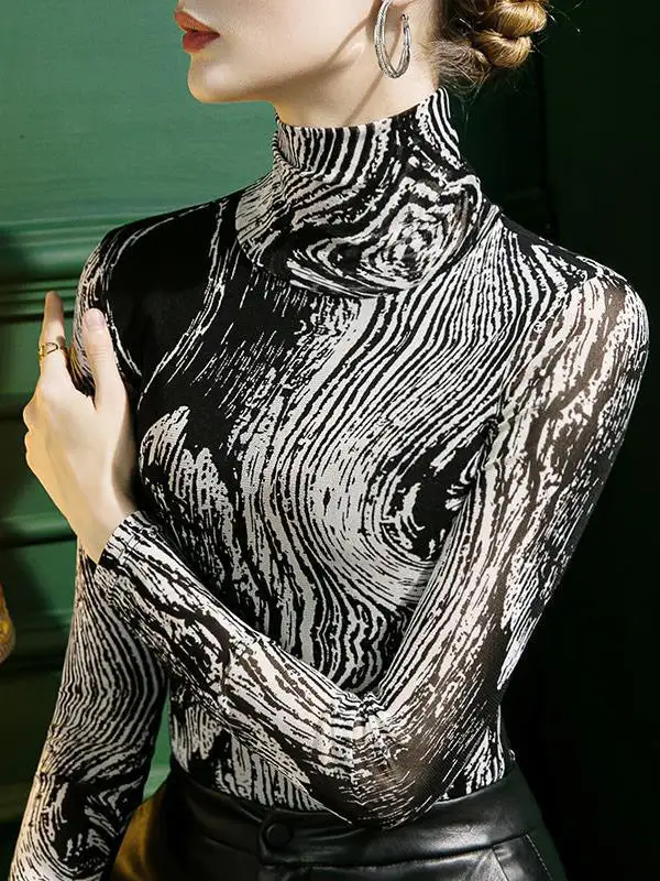 Fit Print High Neck Long Sleeve Slim T-Shirt