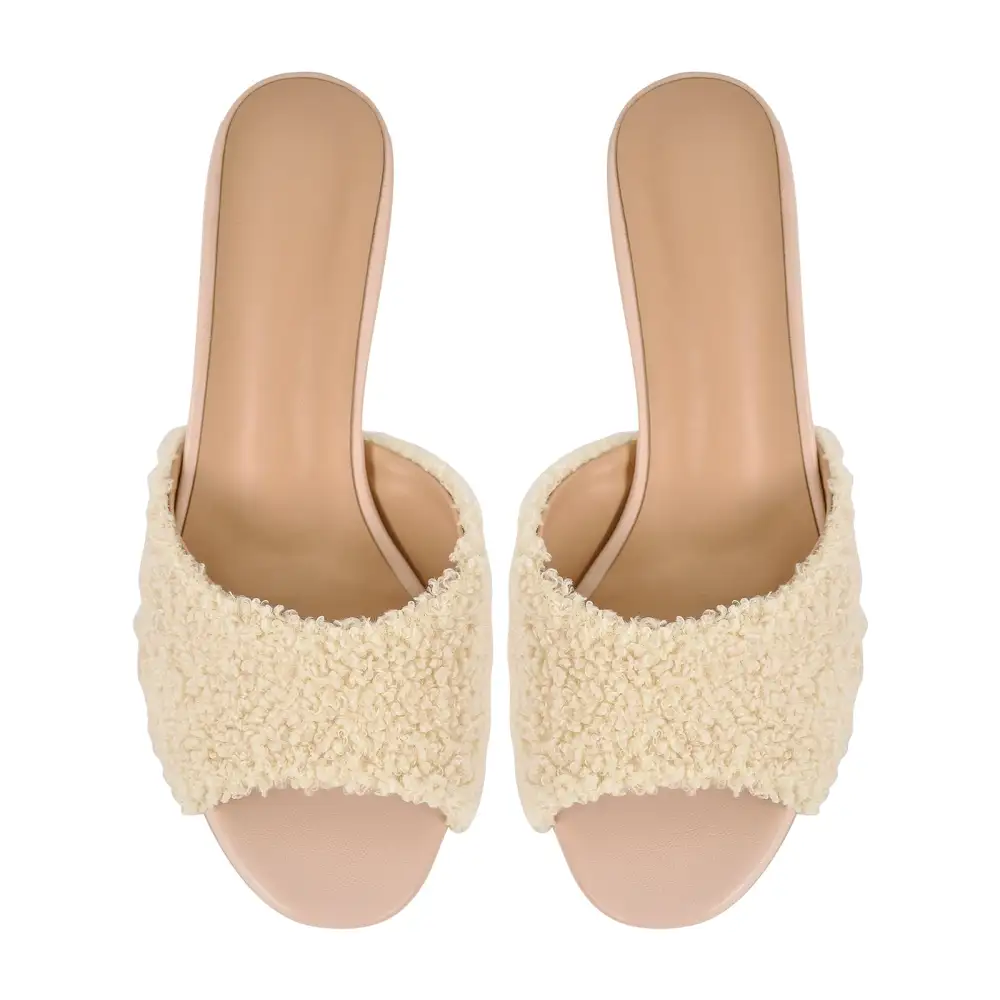 Round Toe Chunky Heel Fur Mule Sandals