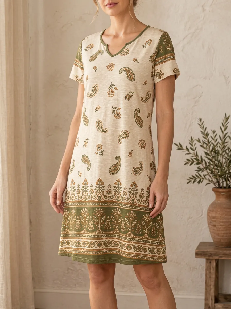 Women's Paisley Print V-Neck Shift Dress
