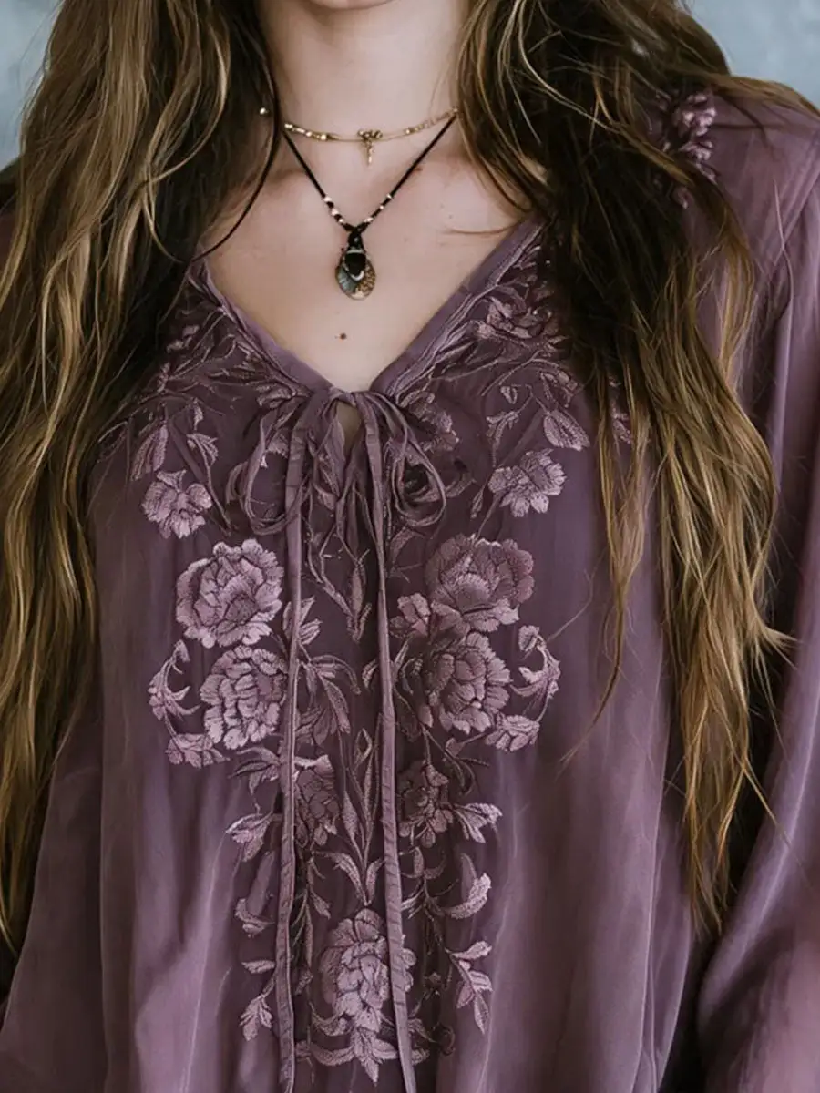 Boho Tie V Neck Dusty Mauve Floral Embroidered Blouse