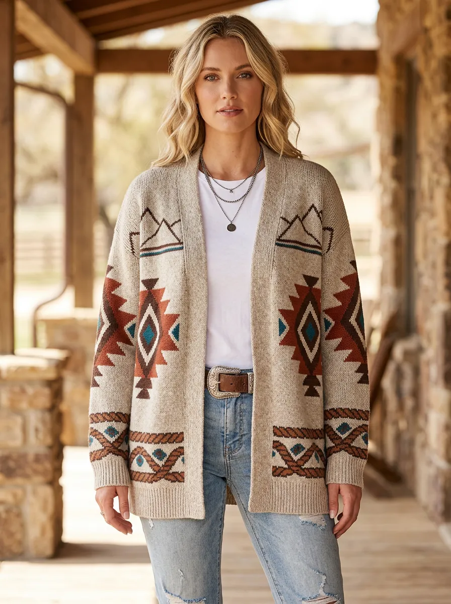 Women's Western Style Geometric Mountain Printed Cardigan