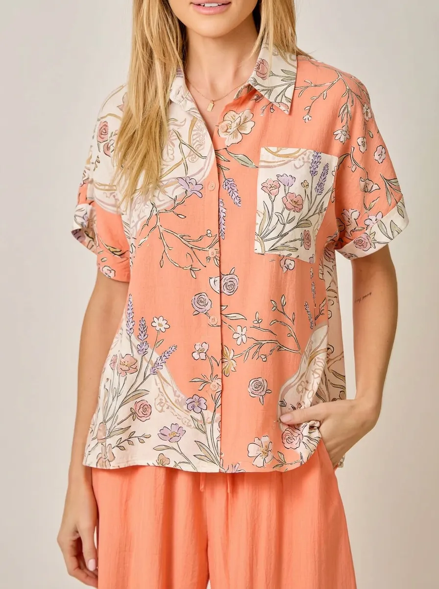 Women's Floral Botanical Peach Printed Button Down Shirt