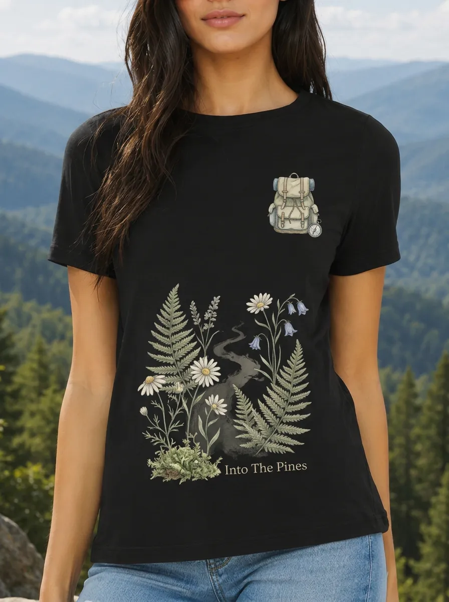 Women's Hiking Nature Lover Backpack Fern Flower Printed T-shirt