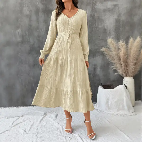 Women's Wrap V-Neck Long-Sleeve Button-Detail Dress