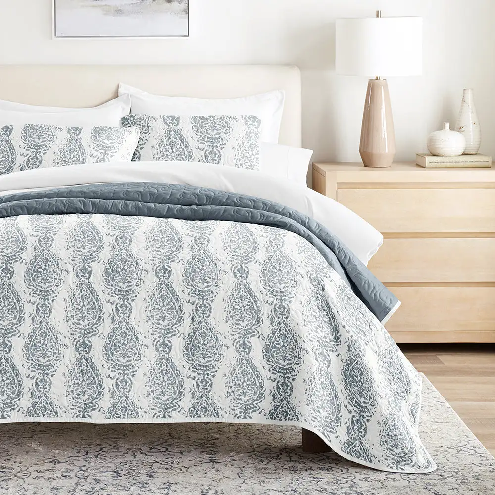 Distressed Damask Reversible Quilted Coverlet Set