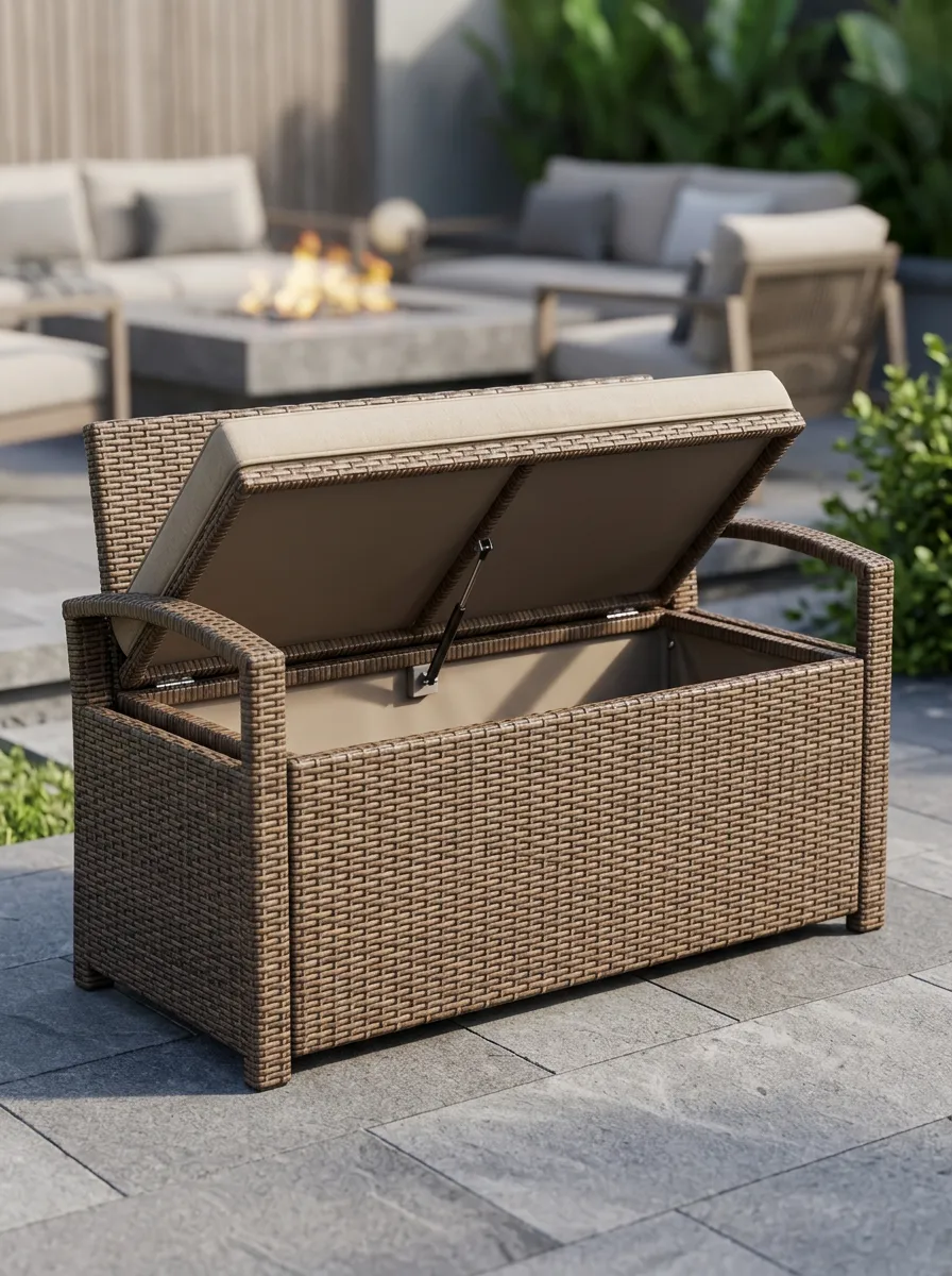 Wicker Rattan Cushion Top Storage Bench