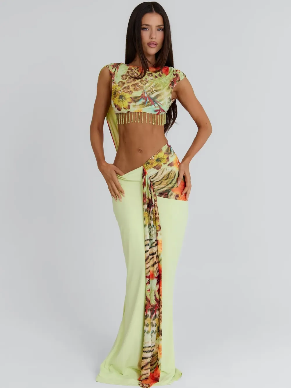 Grace Printed Beaded Tassel Maxi Skirt Set