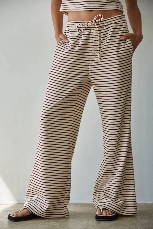 Cream Striped Cotton Blend Pants
