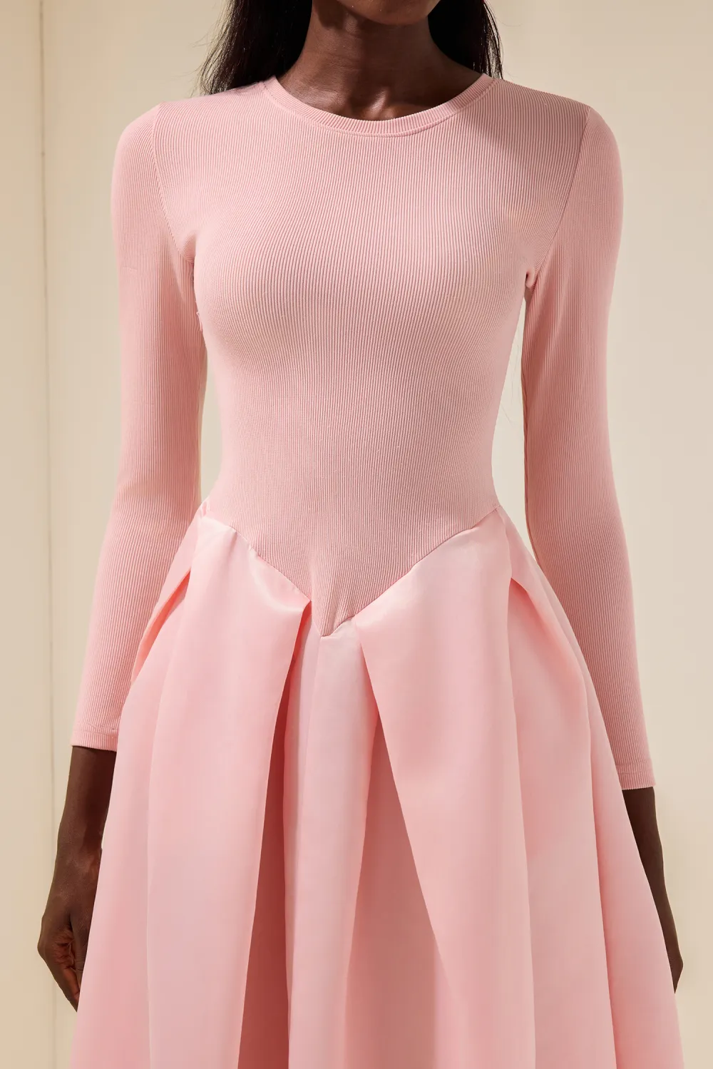 Jersey Splicing Satin Long Sleeve Midi Dress