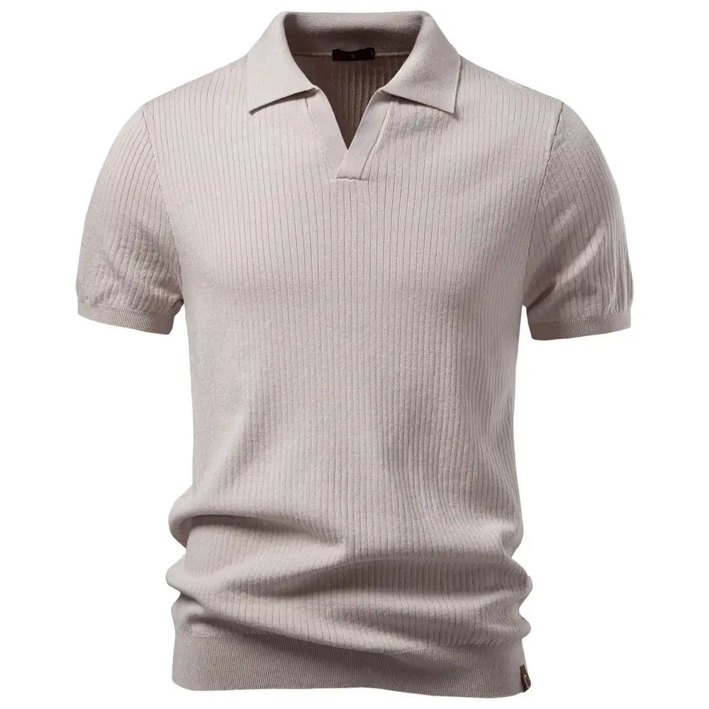 Ribbed Spread Collar Short Sleeve Polo Shirt