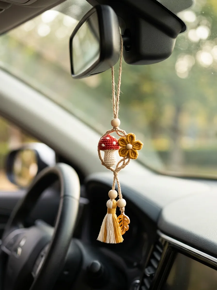 Macrame Knitted Mushroom Floral Rearview Mirror Hanging Ornament