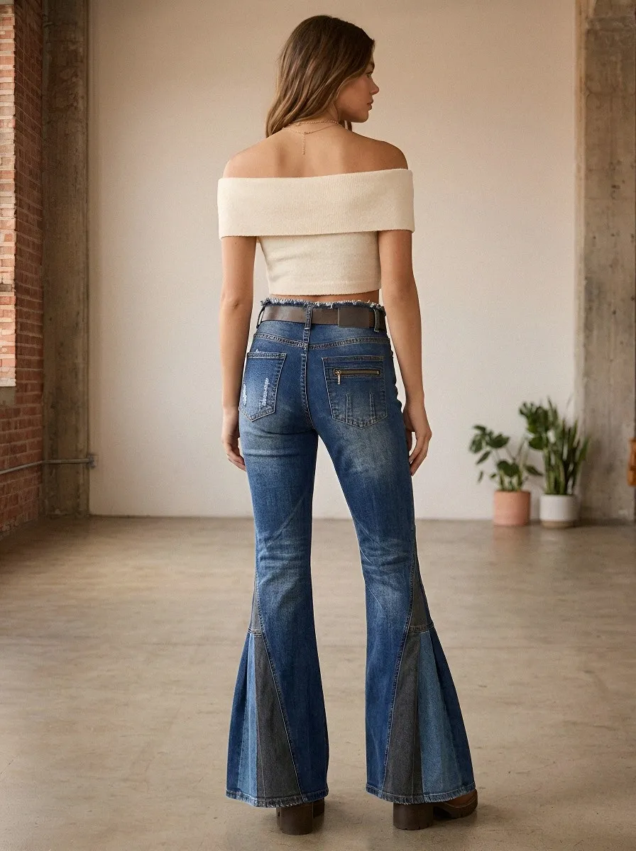 Women's Distressed Cargo Patchwork Flared Denim Jeans