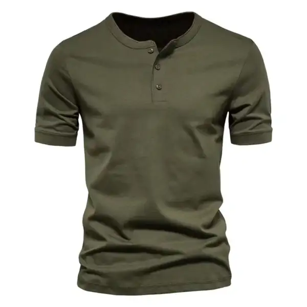Men's Tailored Short-Sleeve Henley Shirt Cotton Blend With Button Placket