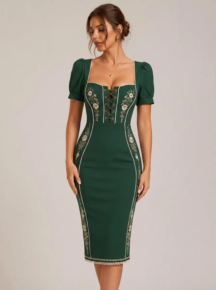 Women's Lace-Up Embroidered Folk Bodycon Dress