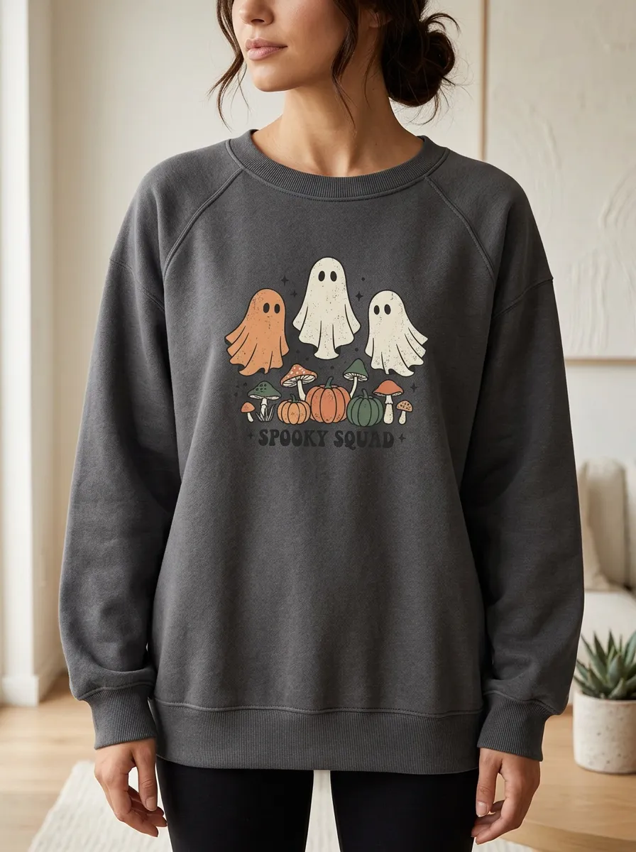 Women's Halloween Spooky Squad Ghost Mushroom Pumpkin Printed Sweatshirt