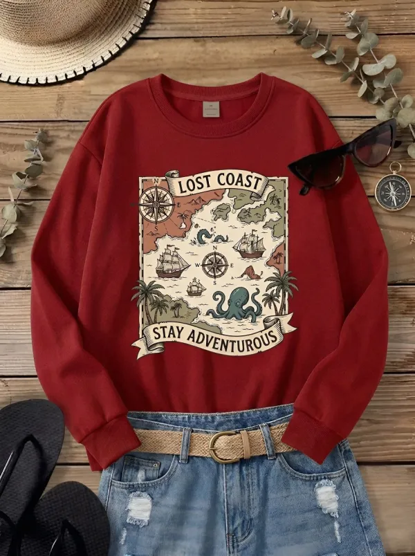 Unisex Lost Coast Adventure Map Octopus Printed Sweatshirt