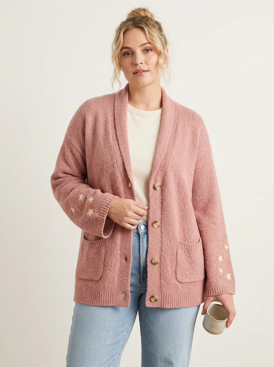 Women's Pink Star Pattern Embroidered Buttoned Casual Cardigan