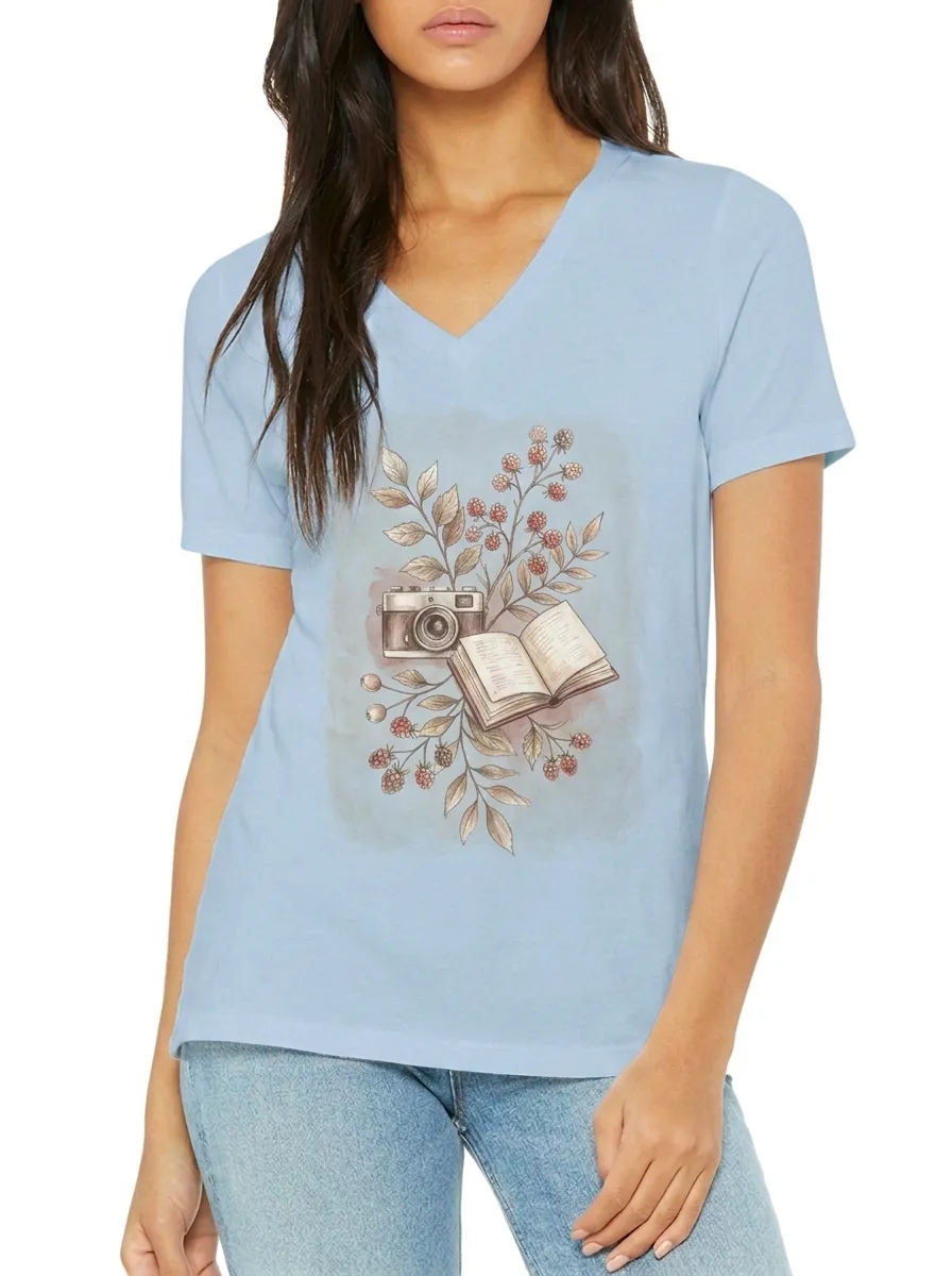 Women's Photography Book Lover Berry Floral Printed V-neck T-shirt