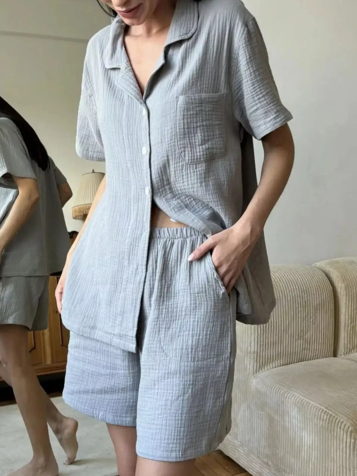 Pocketed Cotton Shirt and Shorts Matching Set